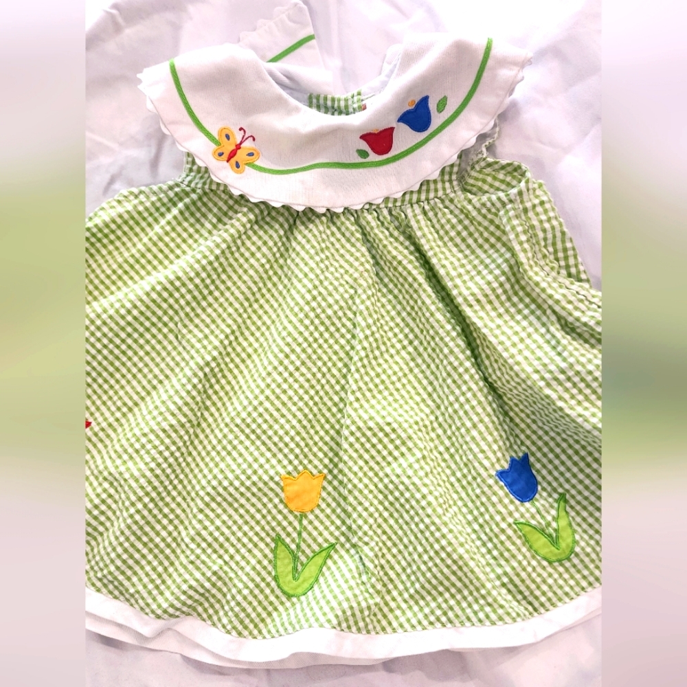 Vintage Little Bitty Green and White Seersucker Set With Colorful Embroidery 4T